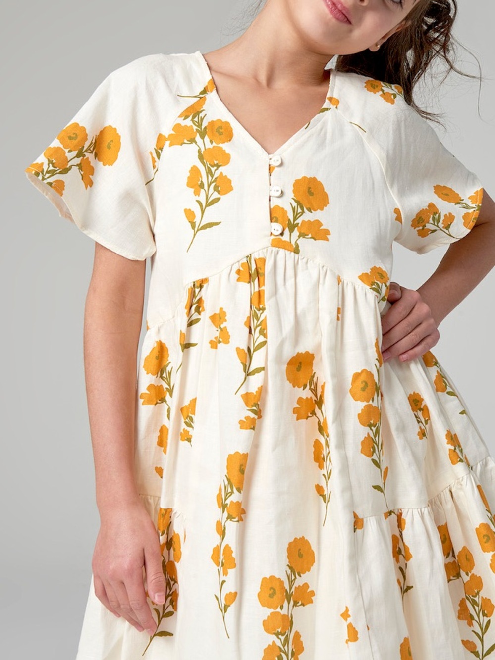 ZARA Girls' Floral Button-Front Cream Dress with Yellow Print SIZE 13-14